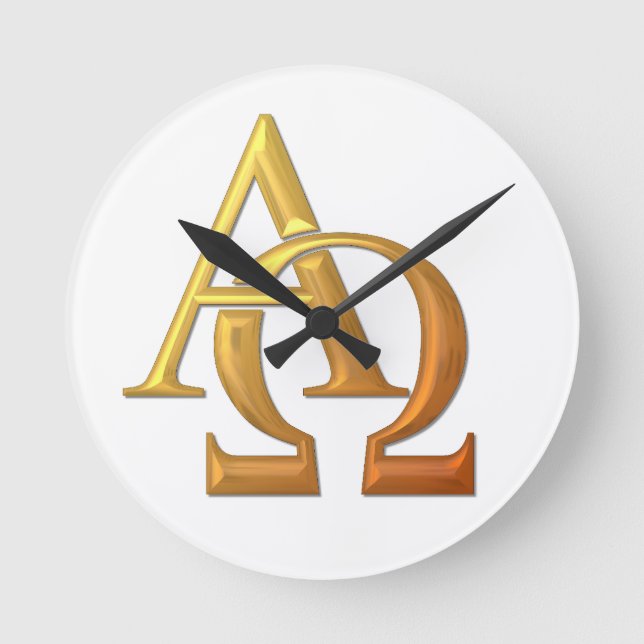 Golden "3-D" Alpha and Omega Symbol Round Clock (Front)