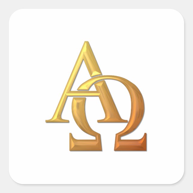Golden "3-D" Alpha and Omega Symbol Square Sticker (Front)