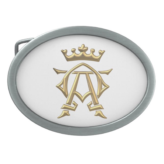 Golden "3-D" Alpha and Omega w/Crown Symbol Belt Buckle (Front)