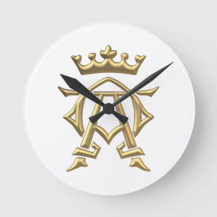 Golden "3-D" Alpha and Omega w/Crown Symbol Round Clock