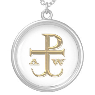 Golden "3-D" Chi-Rho with Anchor Silver Plated Necklace