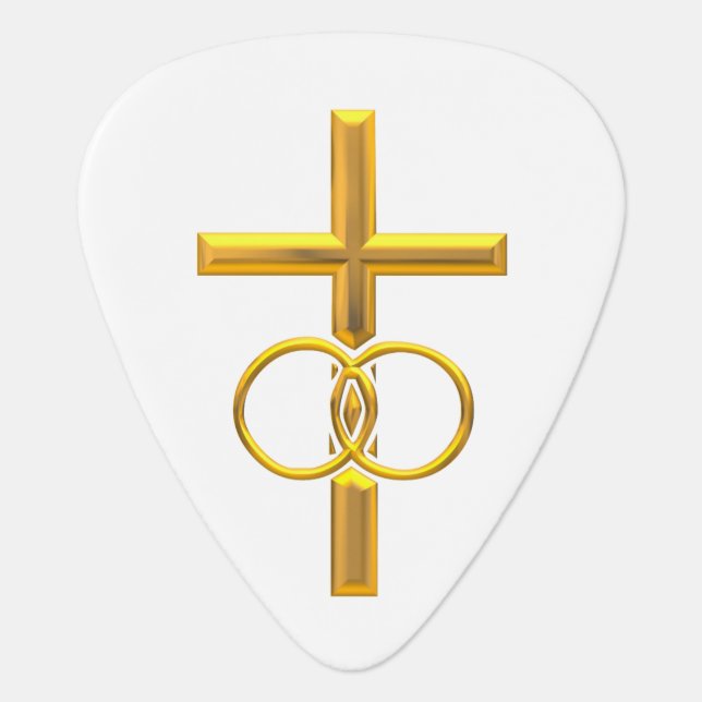 Golden 3-D Cross with Wedding Rings Guitar Pick (Front)