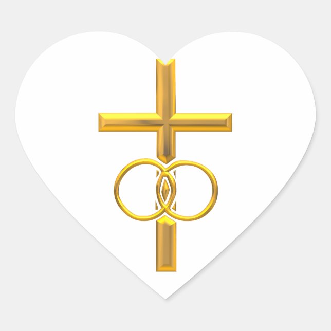 Golden 3-D Cross with Wedding Rings Heart Sticker (Front)