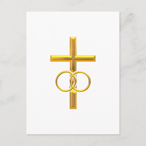 Golden 3_D Cross with Wedding Rings Postcard