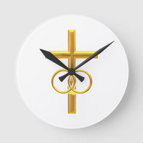 Golden 3_D Cross with Wedding Rings Round Clock