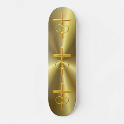 Golden 3_D Cross with Wedding Rings Skateboard Deck