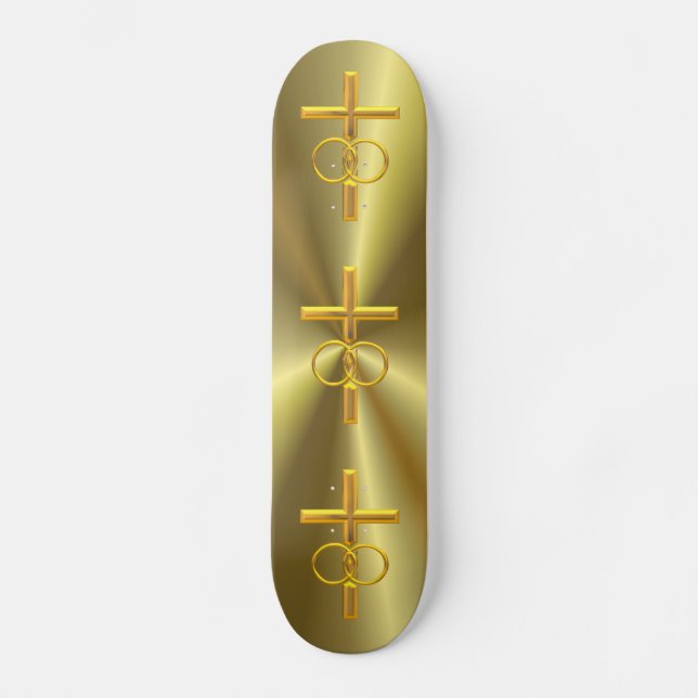 Golden 3-D Cross with Wedding Rings Skateboard Deck (Front)
