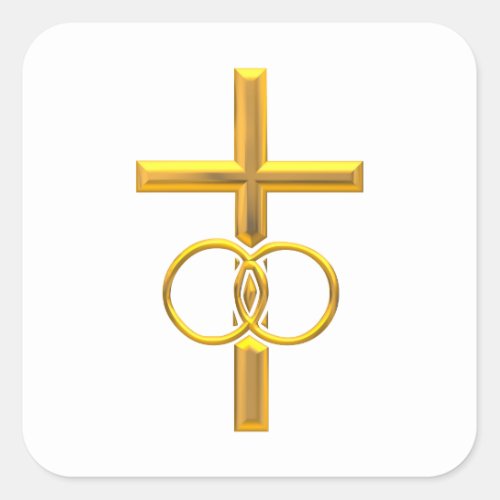 Golden 3_D Cross with Wedding Rings Square Sticker