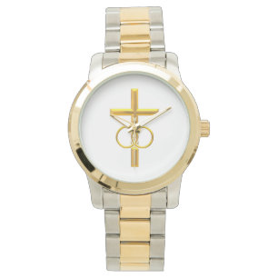 Golden 3-D Cross with Wedding Rings Watch