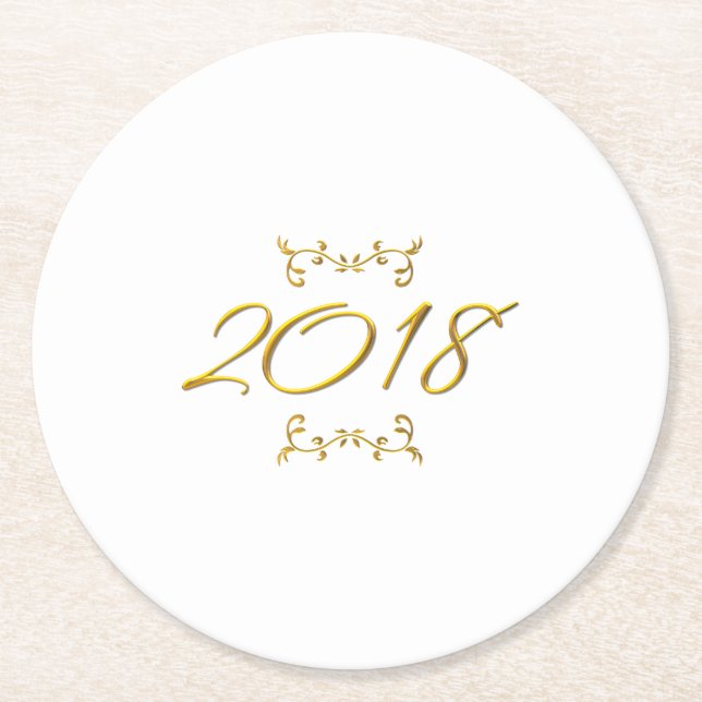 Golden 3-D Look 2018 Round Paper Coaster (Front)