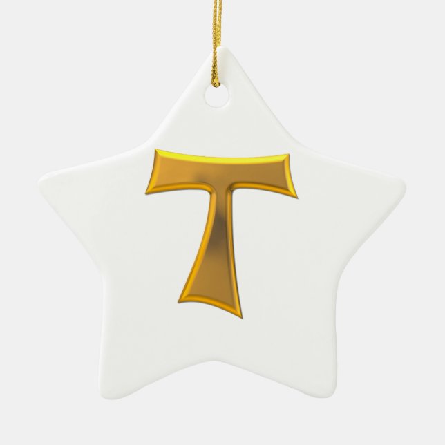 Golden 3-D Look Franciscan Tau Cross Ceramic Ornament (Front)