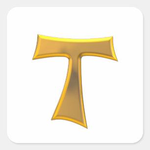 Golden 3-D Look Franciscan Tau Cross Square Sticker