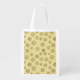 Golden 3-d snowflakes on a gold background grocery bag