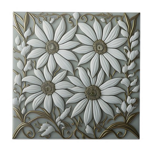 golden 3D Floral Wall Decor  Nouveau Ceramic Tile