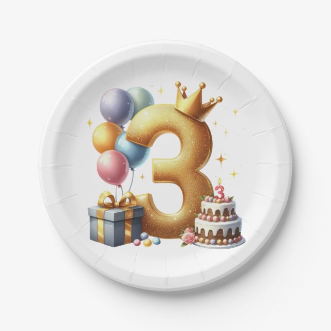 Golden 3rd Birthday Paper Plates (Front)