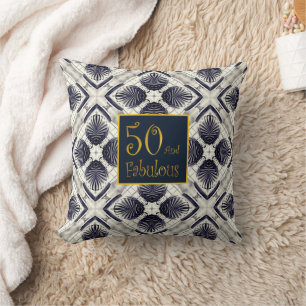Golden 50 and Fabulous on Blue Shells Pattern Throw Pillow