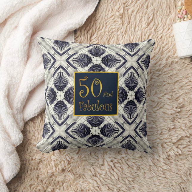 Golden 50 and Fabulous on Blue Shells Pattern Throw Pillow (Blanket)