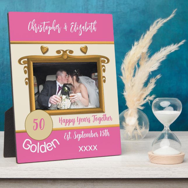 Golden 50 years anniversary add names photo pink plaque (Side)