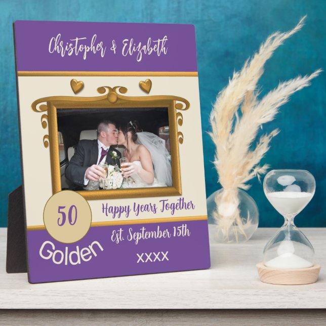 Golden 50 years anniversary add names photo purple plaque (Side)