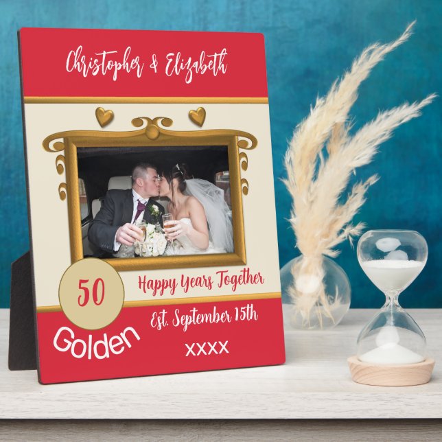 Golden 50 years anniversary add names photo red plaque (Side)