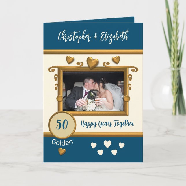 Golden 50th anniversary add photo names blue card (Front)
