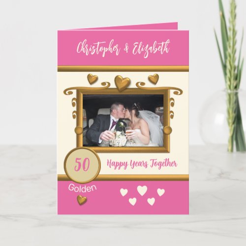 Golden 50th anniversary add photo names pink card