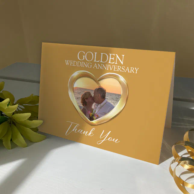 Golden 50th Anniversary add your own photo heart Thank You Card | Zazzle