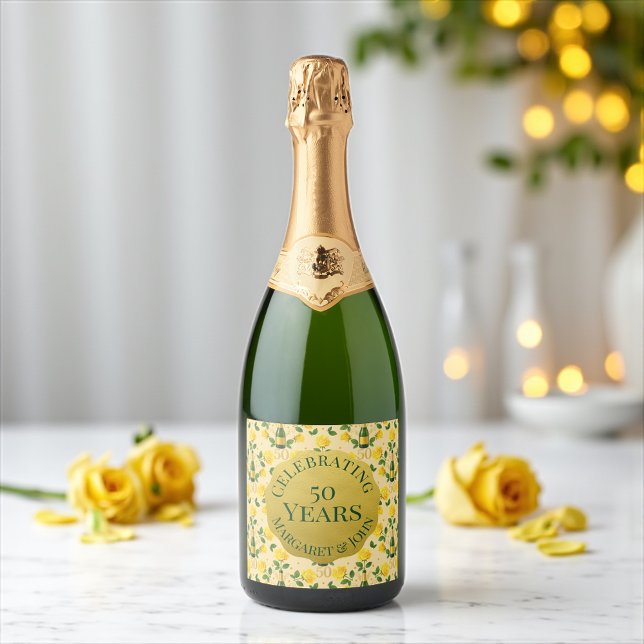 Golden 50th Anniversary celebration  Sparkling Wine Label (Golden 50th anniversary champagne label with yellow roses and elegant script)