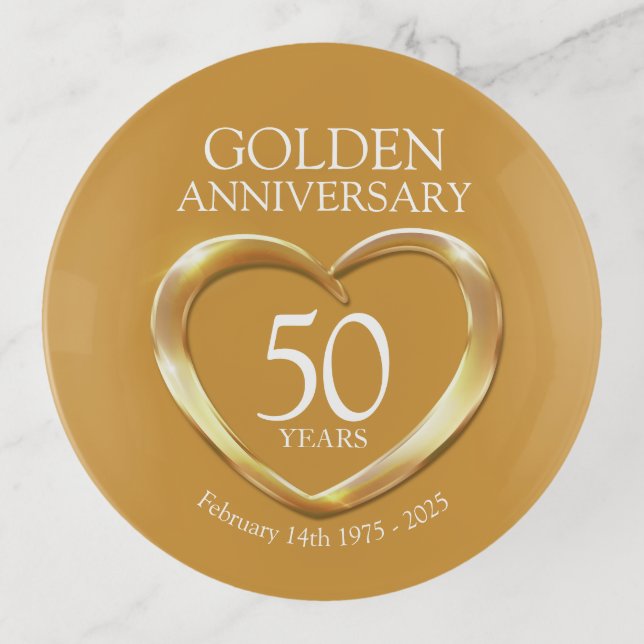 Golden 50th anniversary custom date gift trinket tray (Front)