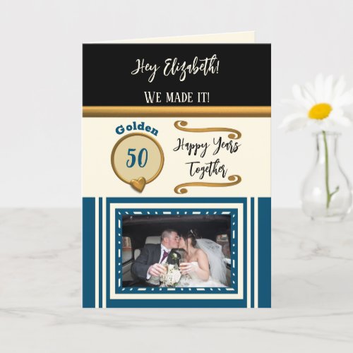 Golden 50th anniversary happy years blue black card