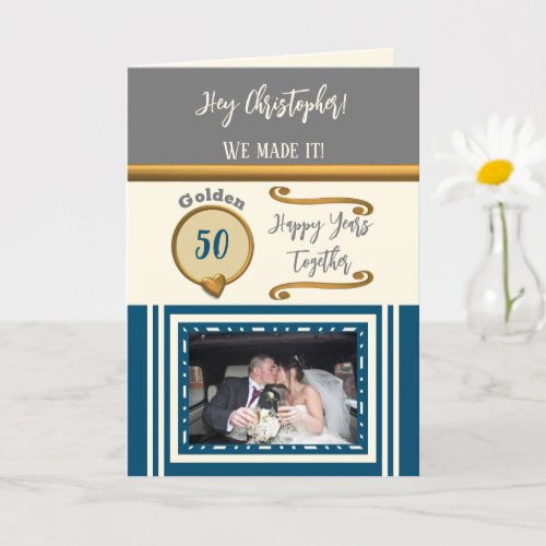 Golden 50th anniversary happy years blue grey card