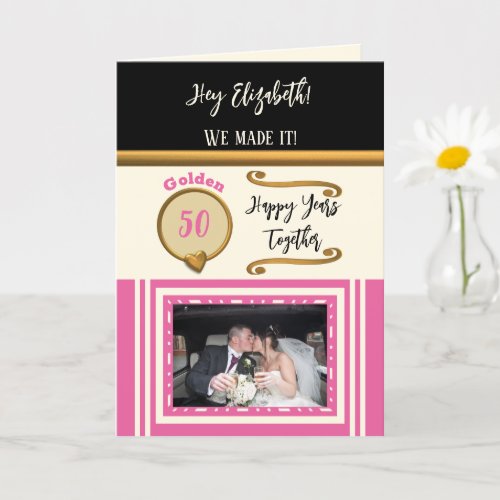 Golden 50th anniversary happy years pink black card