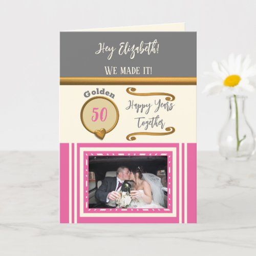 Golden 50th anniversary happy years pink grey card