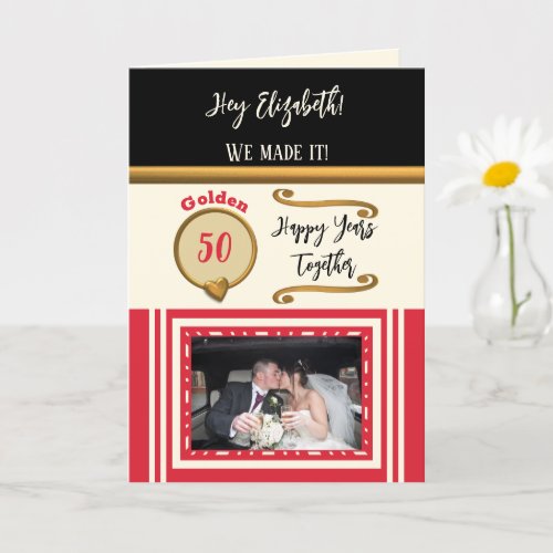 Golden 50th anniversary happy years red black card