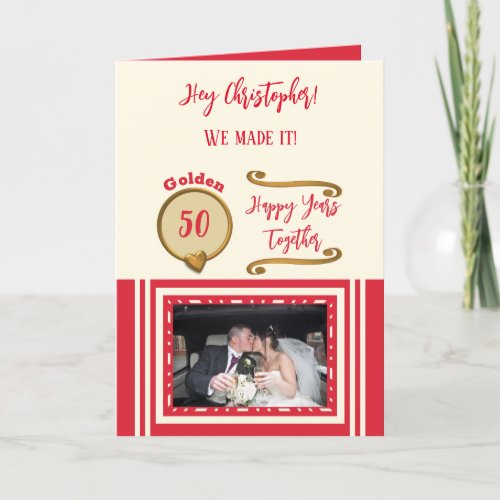 Golden 50th anniversary happy years red cream card