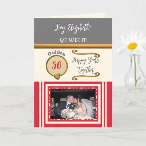 Golden 50th anniversary happy years red grey card