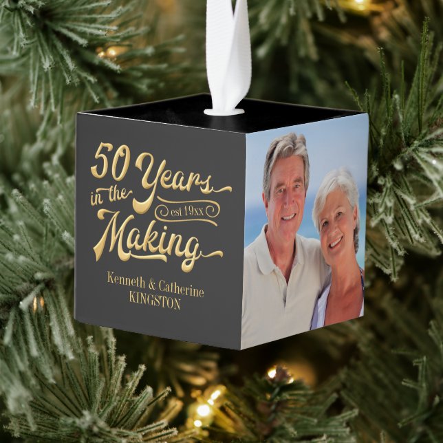 Golden 50th Anniversary Photo Collage Keepsake Cube Ornament (Tree)