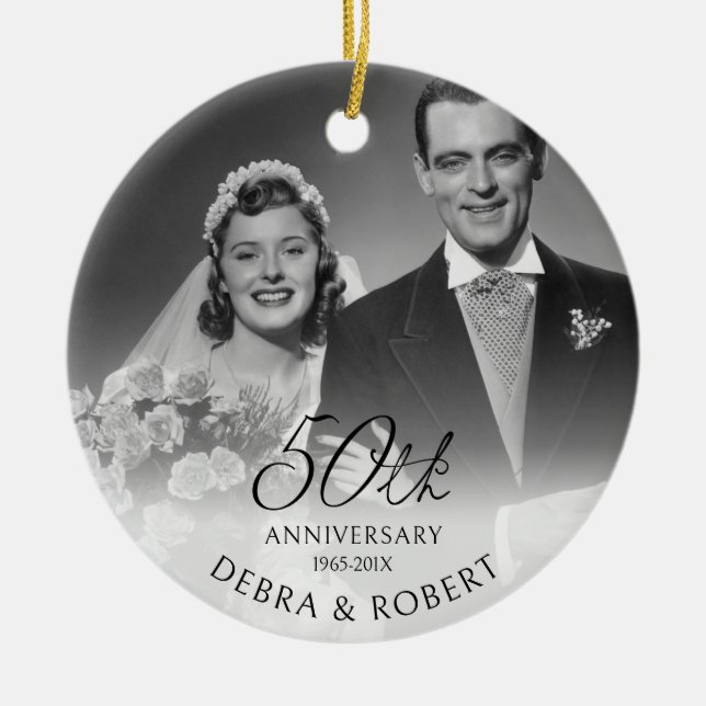 Golden 50th Anniversary Photo Ornament with QR Cod (Front)