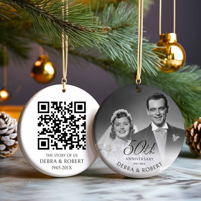 Golden 50th Anniversary Photo Ornament with QR Cod (Golden Anniversary Photo Ornament with QR Code)