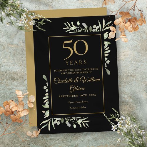 Golden 50th Anniversary Save the Date Greenery Invitation