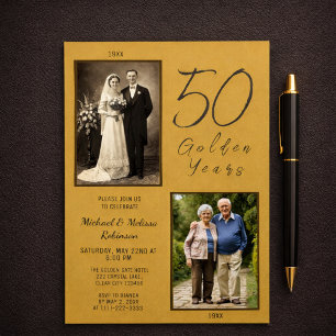 Golden 50th Anniversary Then Now Photo Invitation