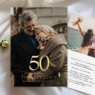 Golden 50th two photo Wedding Anniversary Foil Invitation