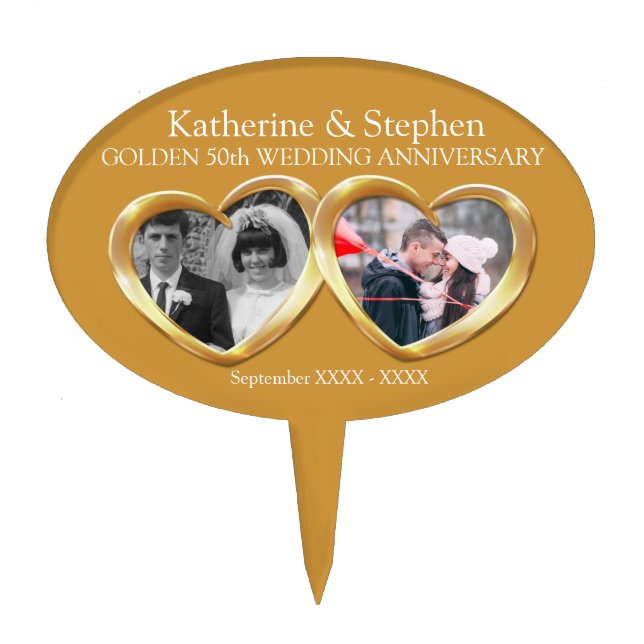 Golden 50th Wedding anniversary 2 hearts photo Cake Topper (Front)