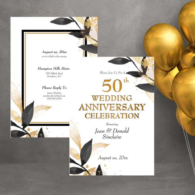 Golden 50th Wedding Anniversary, Black And Gold In Invitation 