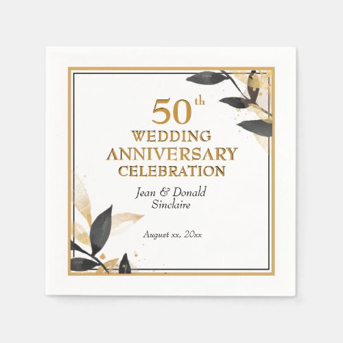 Golden 50th Wedding Anniversary Black and Gold Napkins