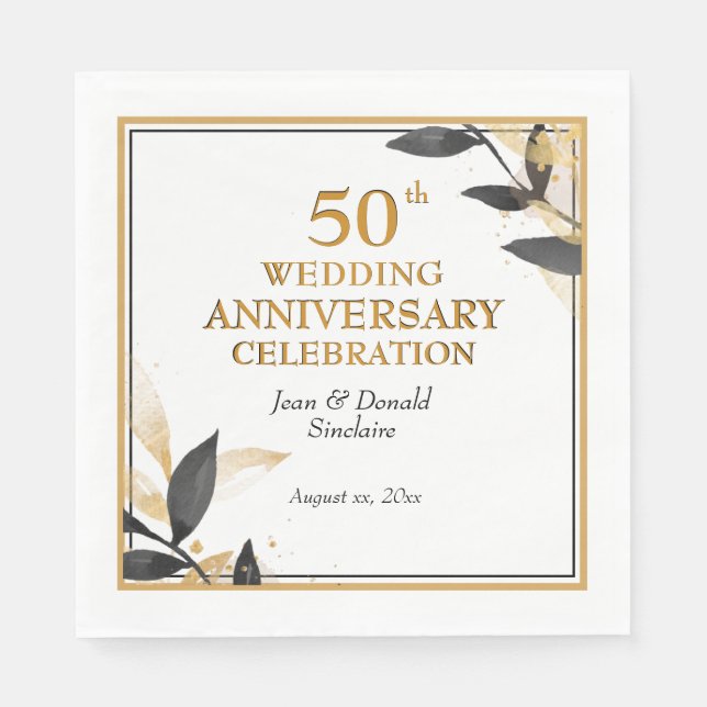 Golden 50th Wedding Anniversary Black and Gold, Napkins (Front)