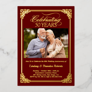 Golden 50th Wedding Anniversary Celebration Photo Foil Invitation