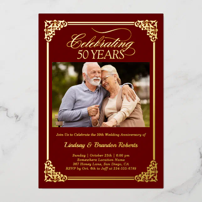 Golden 50th Wedding Anniversary Celebration Photo Foil Invitation | Zazzle