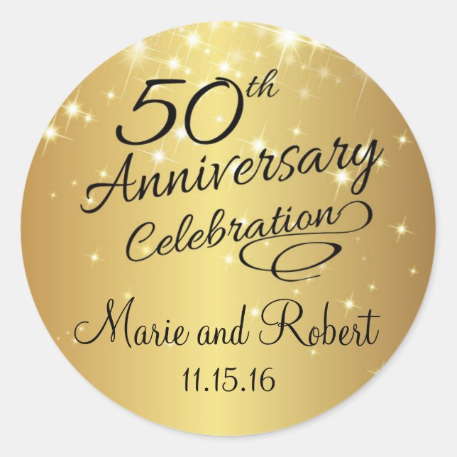 Golden 50th Wedding Anniversary Classic Round Sticker (Front)