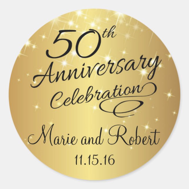 Golden 50th Wedding Anniversary Classic Round Sticker (Front)